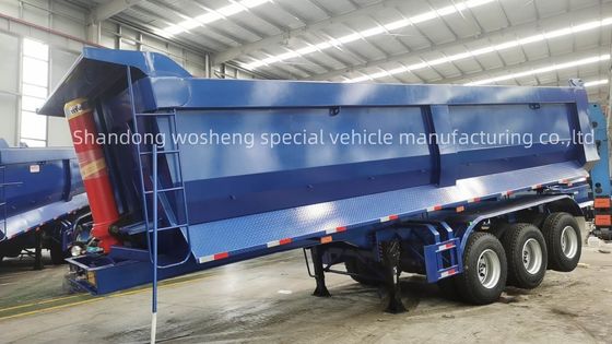 Q345B / T700 Ferro Trava principal 3 eixos azul hidráulico traseiro semi-reboque para Wosheng