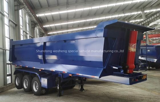Q345B / T700 Ferro Trava principal 3 eixos azul hidráulico traseiro semi-reboque para Wosheng