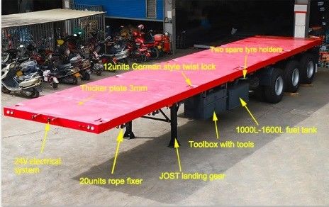 Suspensão Mecânica Vermelha 3 Eixo 4 Eixo 20FT 40FT 45FT Container Flatbed Semi-Trailer