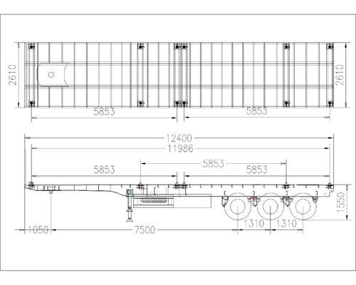 3 eixos 60 a 80 toneladas 20 a 45 pés Container de cama plana Semi-reboque com carga útil máxima 50000 kg