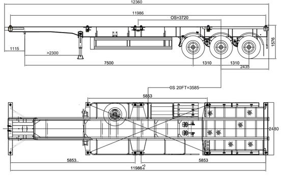 Q345B Feixe principal 3 eixos 50t Esqueleto Semi-reboque para 40 45 48 53FT Container Chassis