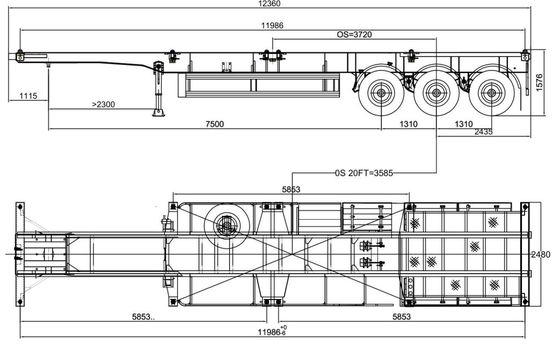 3 eixos FUWA Reboque 40FT 60 toneladas Esqueleto Chassis Container de caminhão com 11.00R20 Pneus